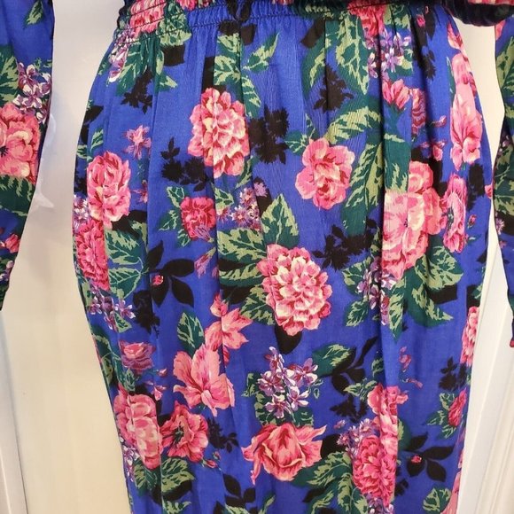 Vintage 80s Blouson Floral Longsleeve Secretary Dress Pockets‎ Blue Sz Small - Picture 7 of 8